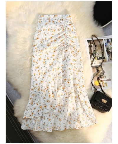 Shirring Mermaid Skirts for Women 2023 Spring Summer Floral Print Sexy Chiffon Midi Long Skirt Korean Fashion Elegant Skirts ...