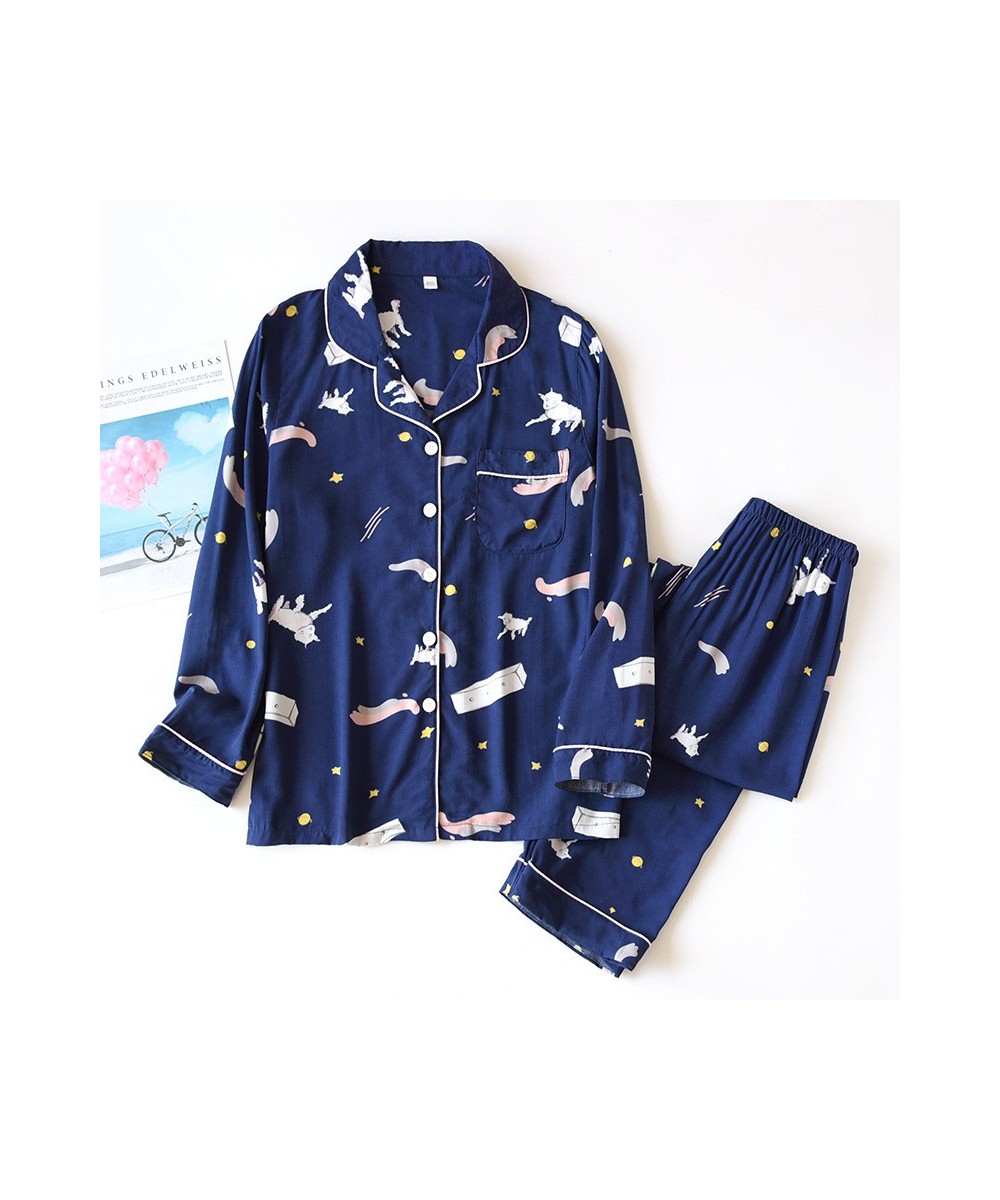 Summer Lovers Viscose Pajamas Set Lapel Cartoon Long-sleeved Trousers Loose Men Women Home Service Cardigan Two Pieces $41.82...