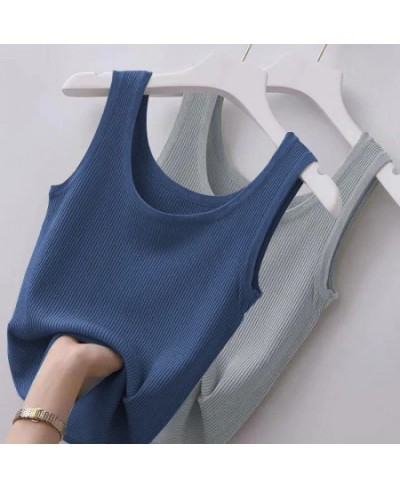 2022 Summer Women's New Solid Color Ice Silk Vest with Bottoming Shirt Threaded Slim Sleeveless Thin Fashion Casual Vest Top ...