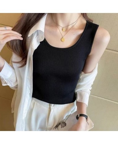 2022 Summer Women's New Solid Color Ice Silk Vest with Bottoming Shirt Threaded Slim Sleeveless Thin Fashion Casual Vest Top ...