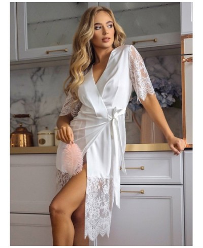 Patchwork Lace Sexy Robe Women's Dressing Gown White Short Sleeve Wedding Dress 2023 Satin Robes For Women Bathrobe $35.95 - ...