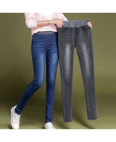 Women's Simple solid Elastic high waist Skinny Jeans Clothes 36 38 fashion Women black blue Slim mom Jeans Stretch Denim Pant...