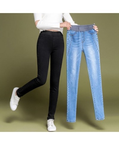 Women's Simple solid Elastic high waist Skinny Jeans Clothes 36 38 fashion Women black blue Slim mom Jeans Stretch Denim Pant...