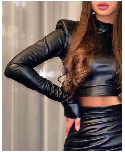 Women PU Leather Top & Plain Skinny Ruched Skirt 2 Pieces Set Femme Chic Crop Top Sets Office Outfits Clothing Y2k $43.23 - S...