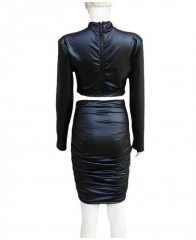 Women PU Leather Top & Plain Skinny Ruched Skirt 2 Pieces Set Femme Chic Crop Top Sets Office Outfits Clothing Y2k $43.23 - S...