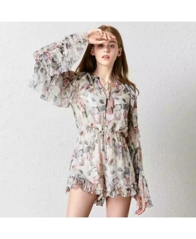 summer Jumpsuits Beige floral Print chiffon Rompers ruffles long sleeveles Vintage boho Women Playsuits party playsuit $69.79...