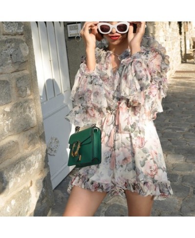 summer Jumpsuits Beige floral Print chiffon Rompers ruffles long sleeveles Vintage boho Women Playsuits party playsuit $69.79...