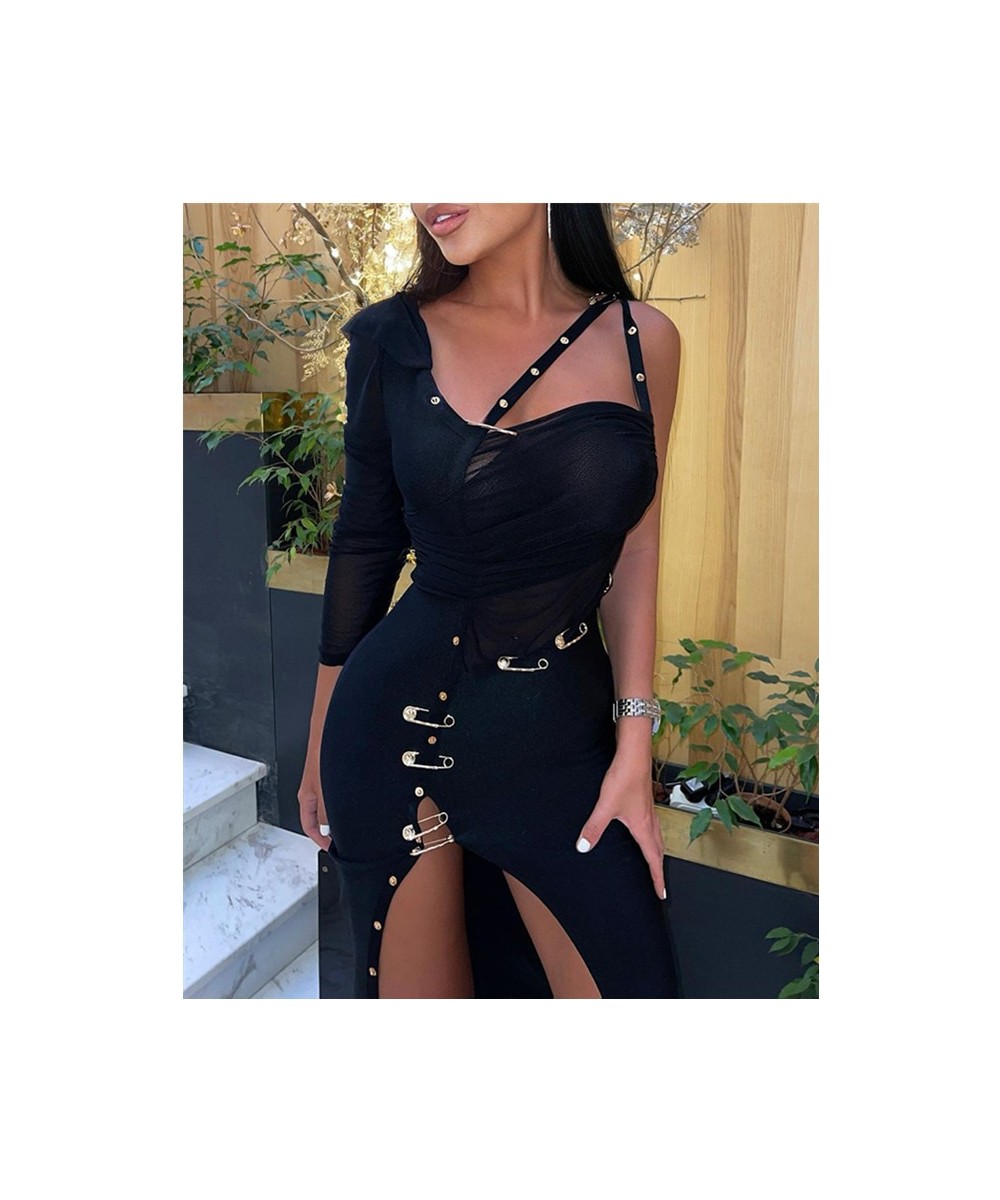 Women Sexy Skinny Bodycon Evening Dress Fashion Casual Long Sleeve One Shoulder High Waist Corset Slit Dress with Pin $54.39 ...