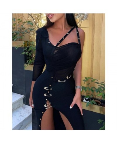 Women Sexy Skinny Bodycon Evening Dress Fashion Casual Long Sleeve One Shoulder High Waist Corset Slit Dress with Pin $54.39 ...