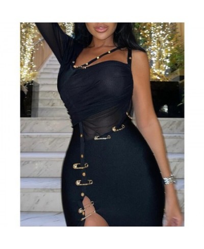 Women Sexy Skinny Bodycon Evening Dress Fashion Casual Long Sleeve One Shoulder High Waist Corset Slit Dress with Pin $54.39 ...