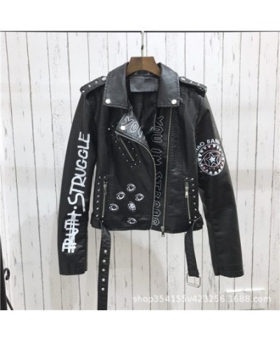 Print Faux Soft Leather Jacket Women Spring Fall Winter Pu Motorcycle Coat Black Punk Gothic Biker Rivet Pocket Outerwear $71...