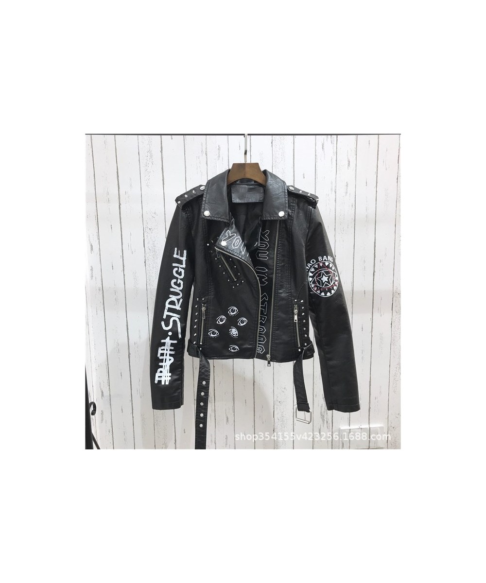 Print Faux Soft Leather Jacket Women Spring Fall Winter Pu Motorcycle Coat Black Punk Gothic Biker Rivet Pocket Outerwear $71...