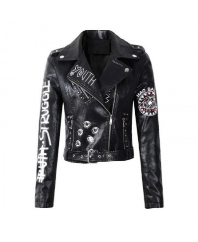 Print Faux Soft Leather Jacket Women Spring Fall Winter Pu Motorcycle Coat Black Punk Gothic Biker Rivet Pocket Outerwear $71...