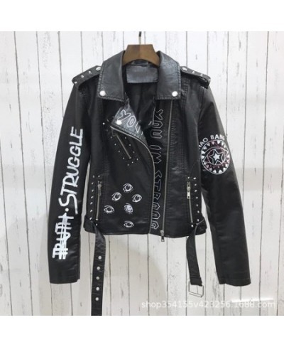 Print Faux Soft Leather Jacket Women Spring Fall Winter Pu Motorcycle Coat Black Punk Gothic Biker Rivet Pocket Outerwear $71...