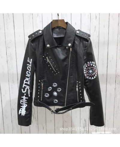 Print Faux Soft Leather Jacket Women Spring Fall Winter Pu Motorcycle Coat Black Punk Gothic Biker Rivet Pocket Outerwear $71...