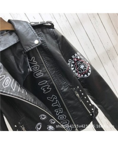 Print Faux Soft Leather Jacket Women Spring Fall Winter Pu Motorcycle Coat Black Punk Gothic Biker Rivet Pocket Outerwear $71...