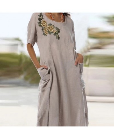 Fashion V-neck Cotton Linen Midi Dress Women Elegant Short Sleeve Pocket Jacquard Flower Party Dress Lady Loose Long Dress $4...