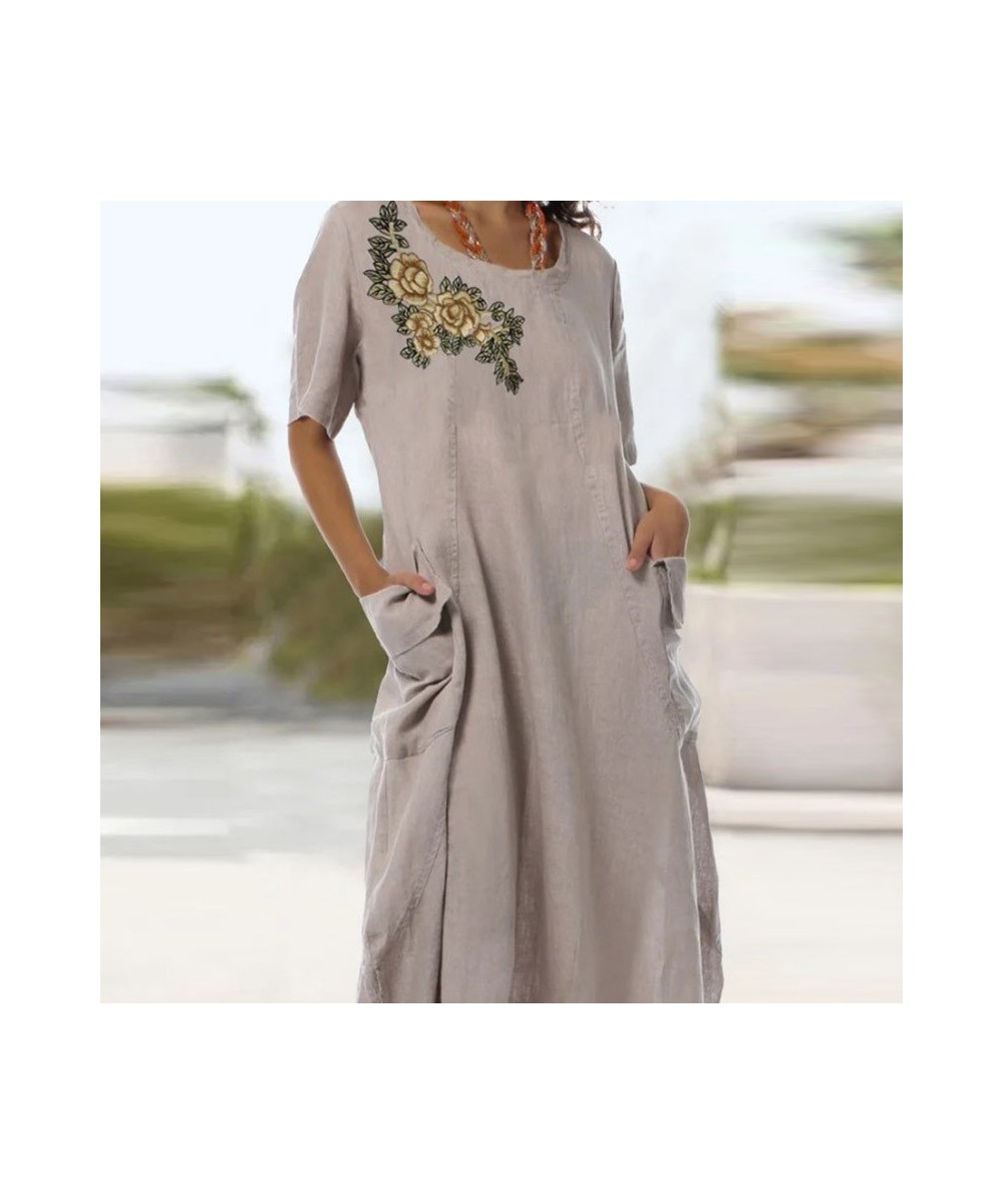 Fashion V-neck Cotton Linen Midi Dress Women Elegant Short Sleeve Pocket Jacquard Flower Party Dress Lady Loose Long Dress $4...