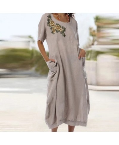 Fashion V-neck Cotton Linen Midi Dress Women Elegant Short Sleeve Pocket Jacquard Flower Party Dress Lady Loose Long Dress $4...