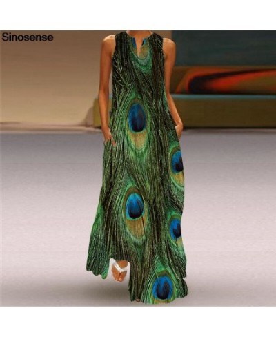 Elegant Long Maxi Dress Casual Peacock Feather Print Vintage Loose Pocket Chiffon Beach Dress Women Summer Evening Party $37....