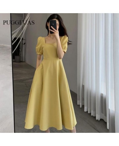 2023 Summer Elegant Dress Fashion French Short Puff Sleeve Square Collar A Line Ruffle Office Lady Midi Yellow Dresses Vestid...