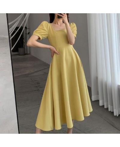 2023 Summer Elegant Dress Fashion French Short Puff Sleeve Square Collar A Line Ruffle Office Lady Midi Yellow Dresses Vestid...