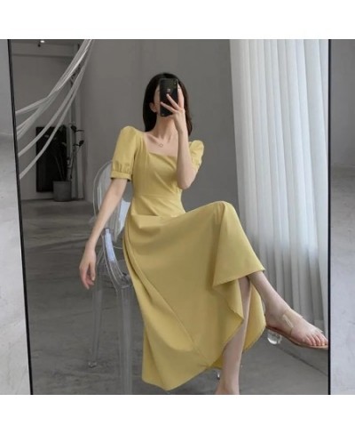 2023 Summer Elegant Dress Fashion French Short Puff Sleeve Square Collar A Line Ruffle Office Lady Midi Yellow Dresses Vestid...