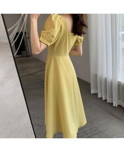 2023 Summer Elegant Dress Fashion French Short Puff Sleeve Square Collar A Line Ruffle Office Lady Midi Yellow Dresses Vestid...