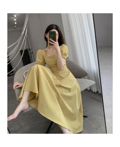 2023 Summer Elegant Dress Fashion French Short Puff Sleeve Square Collar A Line Ruffle Office Lady Midi Yellow Dresses Vestid...