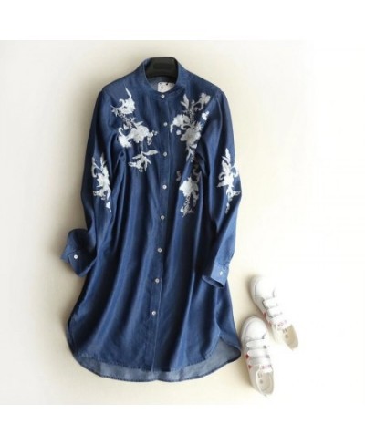 Loose Summer Short Denim Shirt Dress Fashion Embroidery Long Sleeves Work Office Lady Soft Jeans Dress Spring Long Shirt Butt...