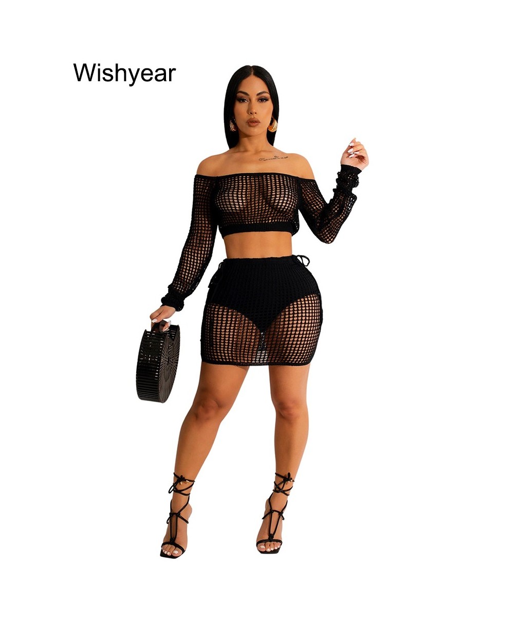 Sexy Cover Up Holow Out Top Mini Skirt Sets Outfits Women Summer Vacation Knit Crochet Two Piece Set Beach Party Suits $40.40...