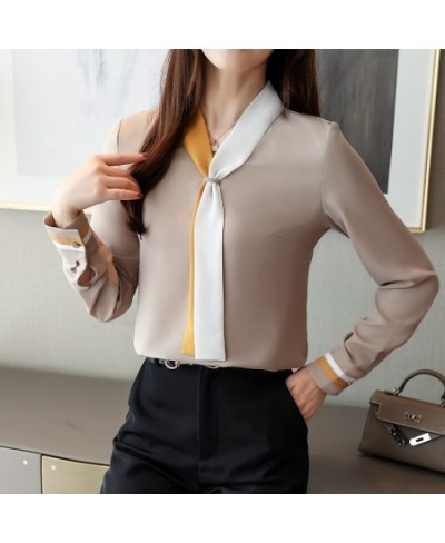 Elegant Blouses Women Chiffon Shirts Office Work Wear Tops Plus Size Retro Ladies Tops Blue White Blouse Women 2023 Patchwork...