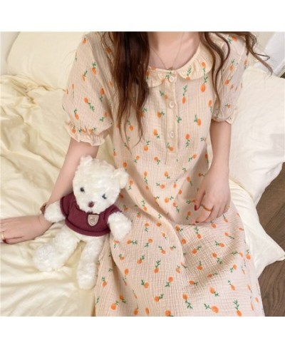 Summer Nightgown Korean Furit Print Sleepwear Long Loose Kawaii Soft Cotton Nightdress Short Sleeve Sweet Girls Buttons Cute ...