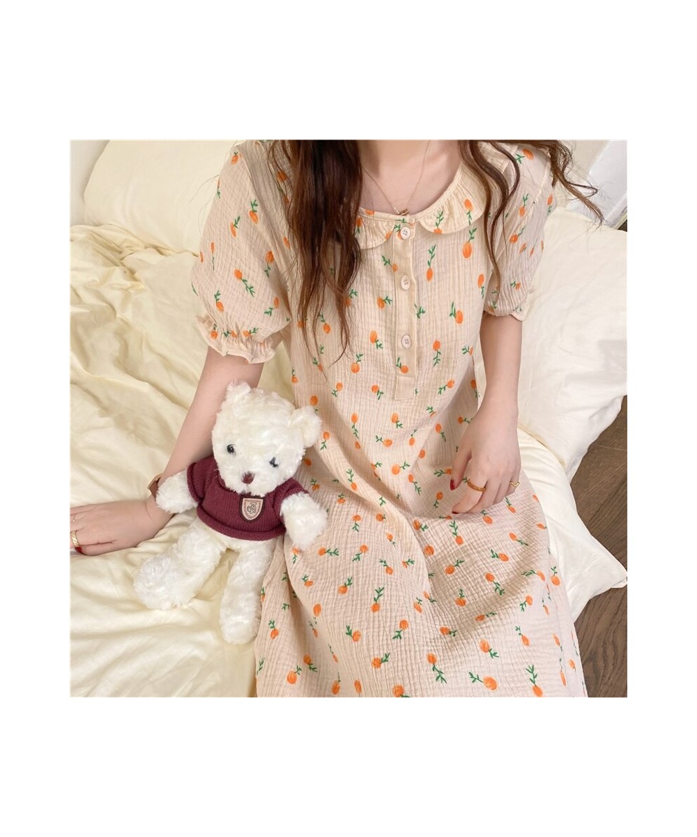 Summer Nightgown Korean Furit Print Sleepwear Long Loose Kawaii Soft Cotton Nightdress Short Sleeve Sweet Girls Buttons Cute ...