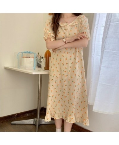 Summer Nightgown Korean Furit Print Sleepwear Long Loose Kawaii Soft Cotton Nightdress Short Sleeve Sweet Girls Buttons Cute ...