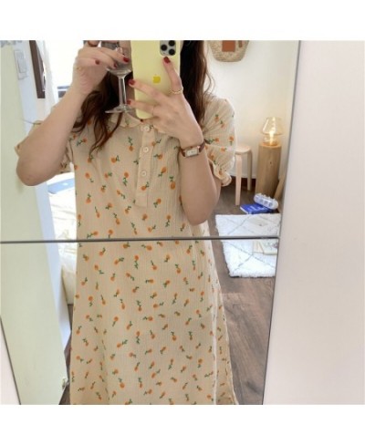 Summer Nightgown Korean Furit Print Sleepwear Long Loose Kawaii Soft Cotton Nightdress Short Sleeve Sweet Girls Buttons Cute ...