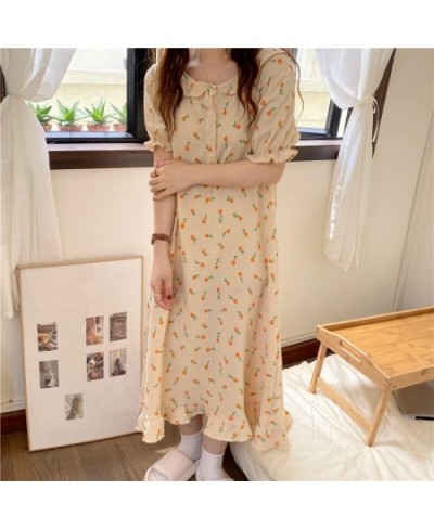 Summer Nightgown Korean Furit Print Sleepwear Long Loose Kawaii Soft Cotton Nightdress Short Sleeve Sweet Girls Buttons Cute ...