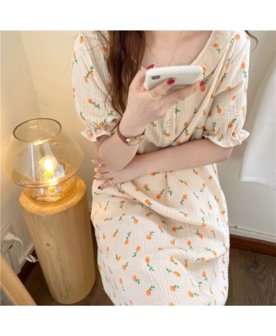 Summer Nightgown Korean Furit Print Sleepwear Long Loose Kawaii Soft Cotton Nightdress Short Sleeve Sweet Girls Buttons Cute ...