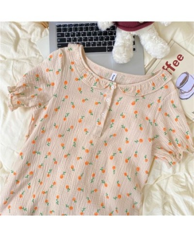 Summer Nightgown Korean Furit Print Sleepwear Long Loose Kawaii Soft Cotton Nightdress Short Sleeve Sweet Girls Buttons Cute ...