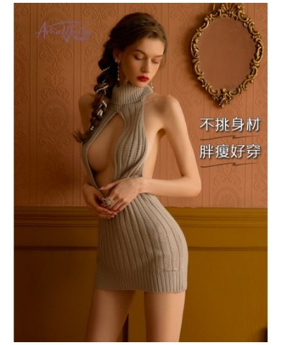 Sexy Lingerie Halter Neck High-Necked Neckline Hollow Back Can Wear Knitted Pattern Sweater Night Gown Sleeping Dress $23.89 ...