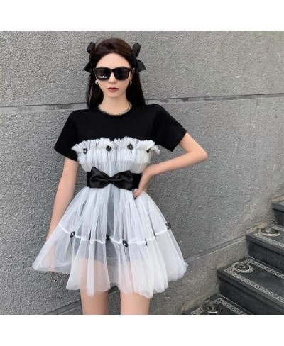 Women's Spring Gentle 3D Bowknot Belted Mesh Spliced A-Line Tees Dress Lace Stitching T-Shirts Gazue Pleated Dress Vestido 20...