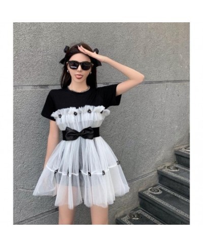 Women's Spring Gentle 3D Bowknot Belted Mesh Spliced A-Line Tees Dress Lace Stitching T-Shirts Gazue Pleated Dress Vestido 20...