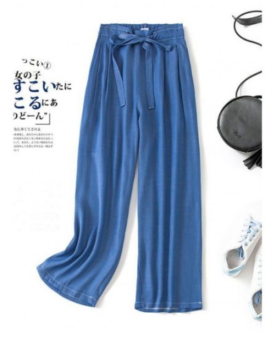 Summer Women's Pants Ankle-Length Blue Cotton Jeans Mom Solid Elastic Waist Drawstring Loose Casual Wide Leg Pants for Women ...