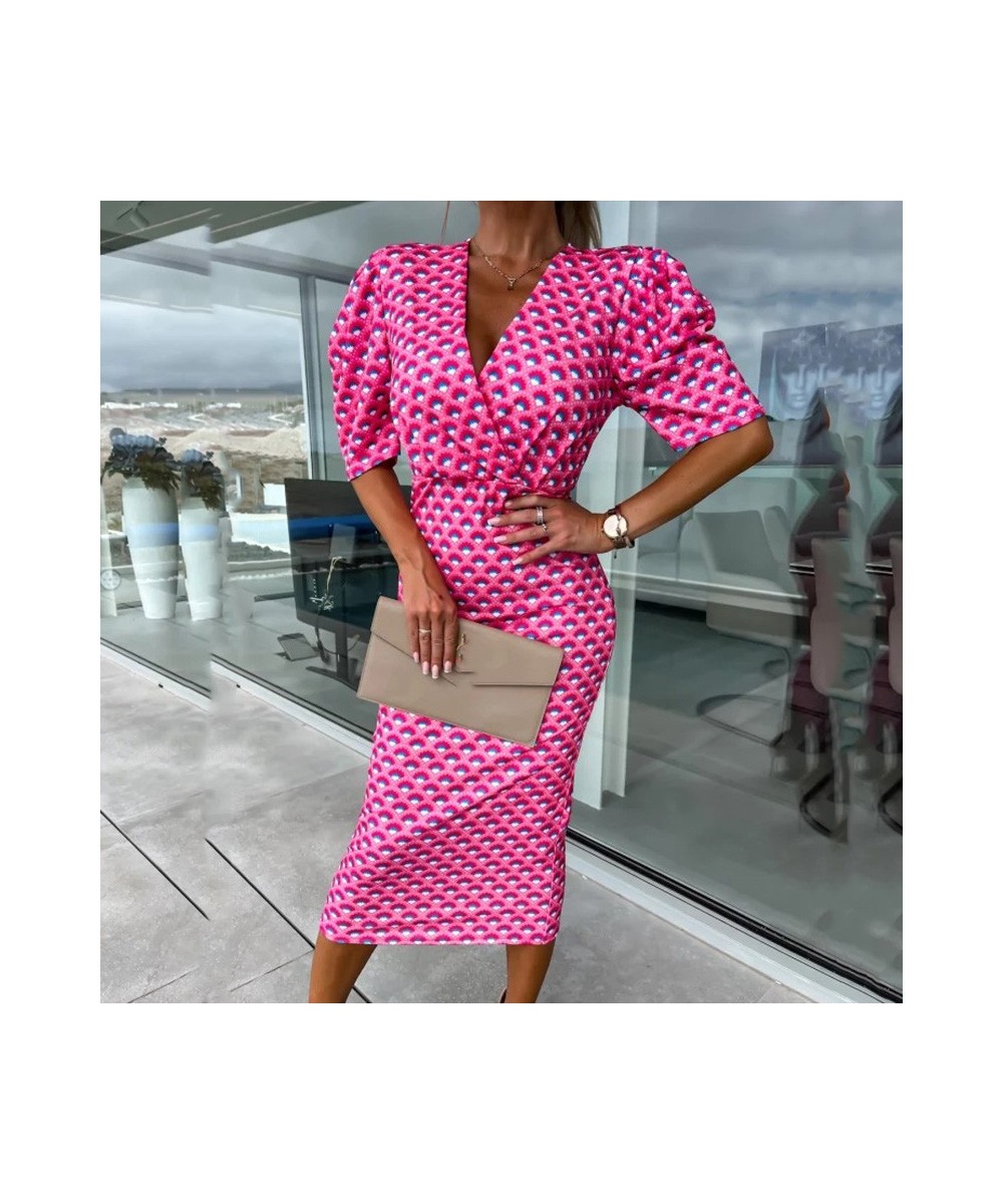 Women Elegant Graphic Print Slim Party Dress Office Sexy Deep V-neck Wrap Midi Dress Casual Puff Short Sleeve Bohemian Hip $3...