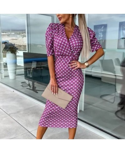 Women Elegant Graphic Print Slim Party Dress Office Sexy Deep V-neck Wrap Midi Dress Casual Puff Short Sleeve Bohemian Hip $3...