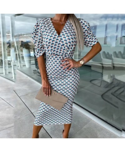 Women Elegant Graphic Print Slim Party Dress Office Sexy Deep V-neck Wrap Midi Dress Casual Puff Short Sleeve Bohemian Hip $3...