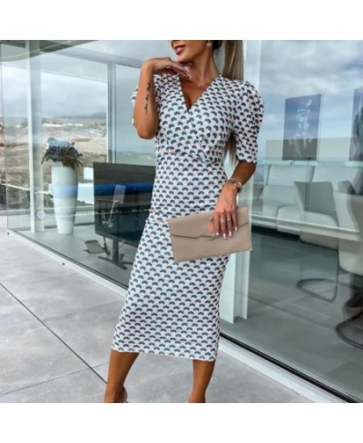 Women Elegant Graphic Print Slim Party Dress Office Sexy Deep V-neck Wrap Midi Dress Casual Puff Short Sleeve Bohemian Hip $3...