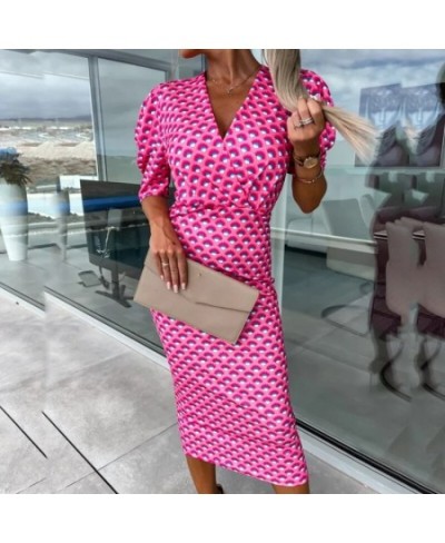 Women Elegant Graphic Print Slim Party Dress Office Sexy Deep V-neck Wrap Midi Dress Casual Puff Short Sleeve Bohemian Hip $3...