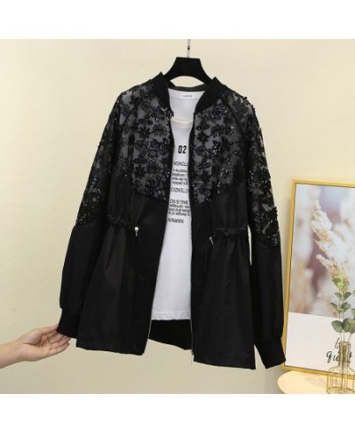 Summer Jacket Women Lace Splicing Sequins Coat Tunic Black Top Summer Sunscreen Coats Female Stylish Loose Casual Jackets $44...