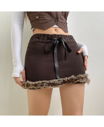 Harajuku Kawaii Knitted Women Skirts Elastic Low Waist Woven Skinny Wrap Bodycon Pencil Skirt with Fluffy Y2K Streetwear $42....